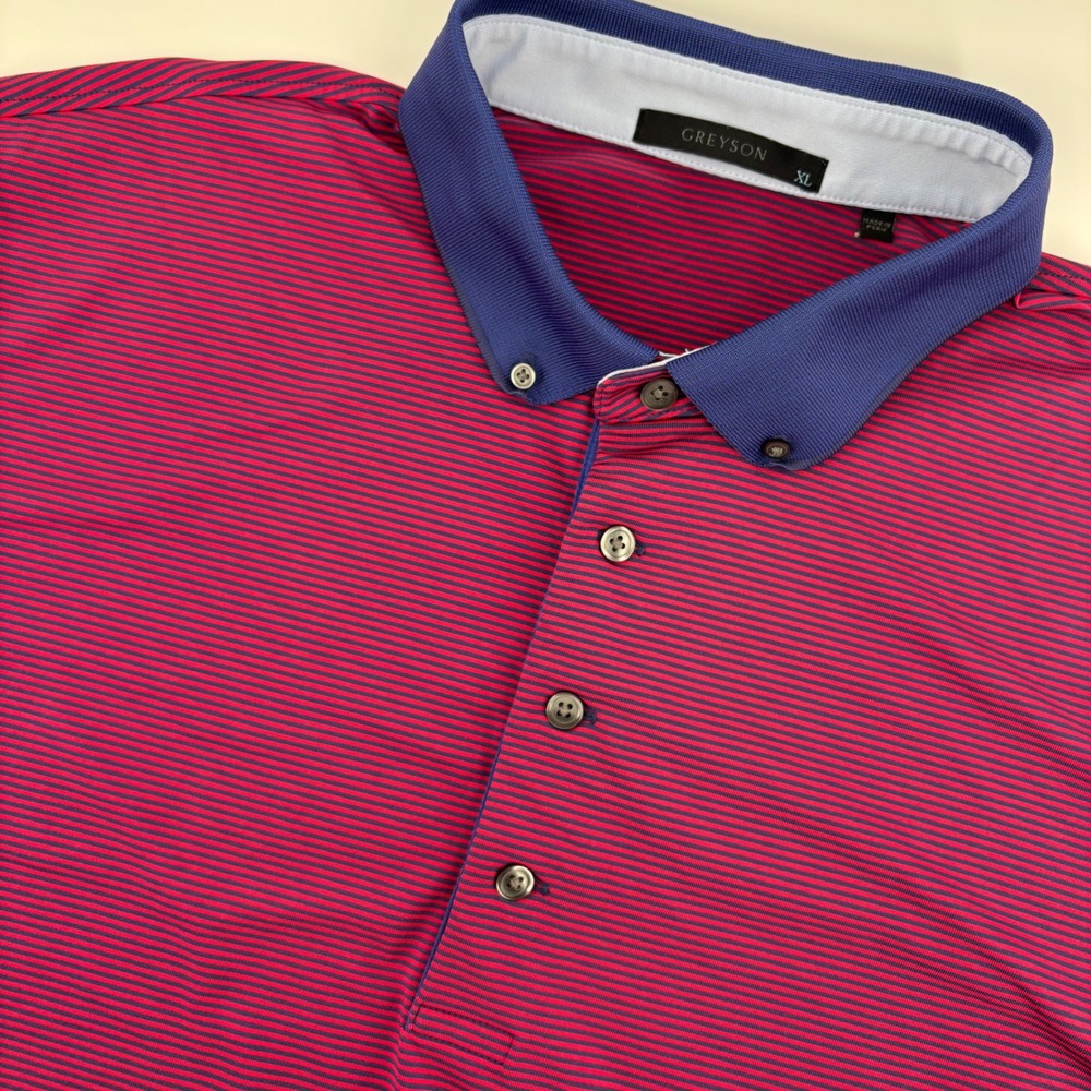 Greyson Polo Golf Shirt Mens XL Red Navy Striped Performance Button Down CGF